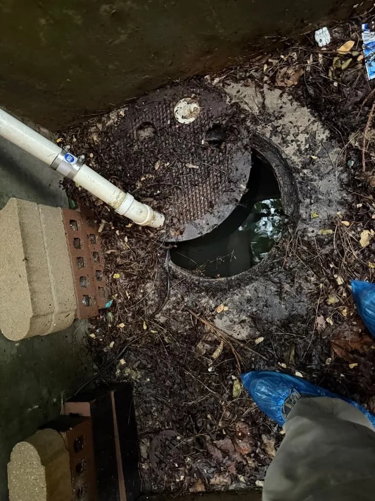 Exterior sewer cleanout access point uncovered in the ground next to a home's foundation